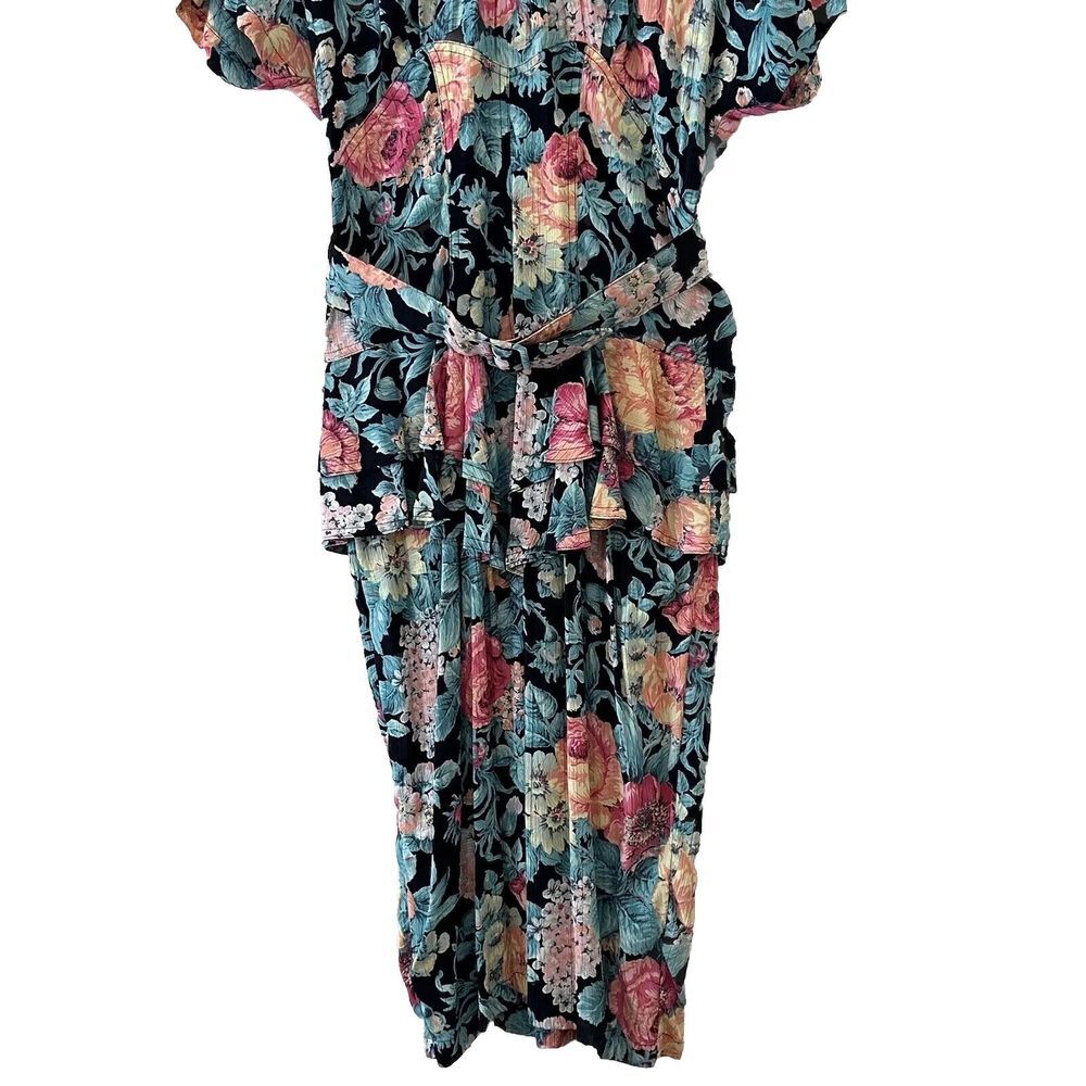 Vintage Karen Alexander Pintuck Ruffle Peplum Floral Viscose BeltedSlit Dress 10 - Picture 3 of 16